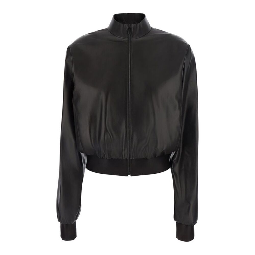 Gucci Women Black Cropped Bomber Jacket With High Collar In Leather For Women